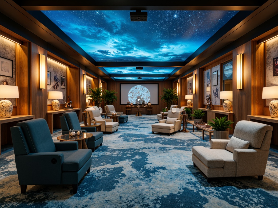 Prompt: Coastal cinema interior, ocean-inspired ambiance, soft blue hues, wave-patterned carpets, driftwood accents, nautical-themed decor, warm golden lighting, LED floor lamps, ambient wall sconces, cinematic chandeliers, starry night sky projections, 3D ceiling installations, transparent glass tables, plush velvet sofas, natural fiber armchairs, distressed wood paneling, coral-inspired sculptures, tropical plants, ocean breeze sound effects, soft focus lens blur, warm color grading, cinematic camera angles, atmospheric fog machines.