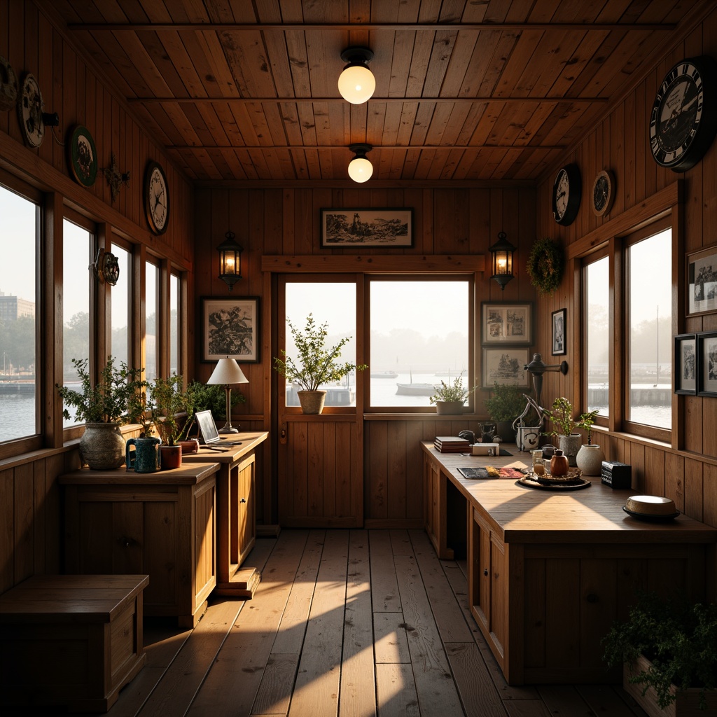 Prompt: Warm boathouse ambiance, rustic wooden accents, soft golden lighting, cozy nautical decor, vintage marine instruments, distressed wood textures, rope details, lantern-style fixtures, warm white lighting, subtle water reflections, misty morning atmosphere, shallow depth of field, 1/1 composition, realistic materials, ambient occlusion.