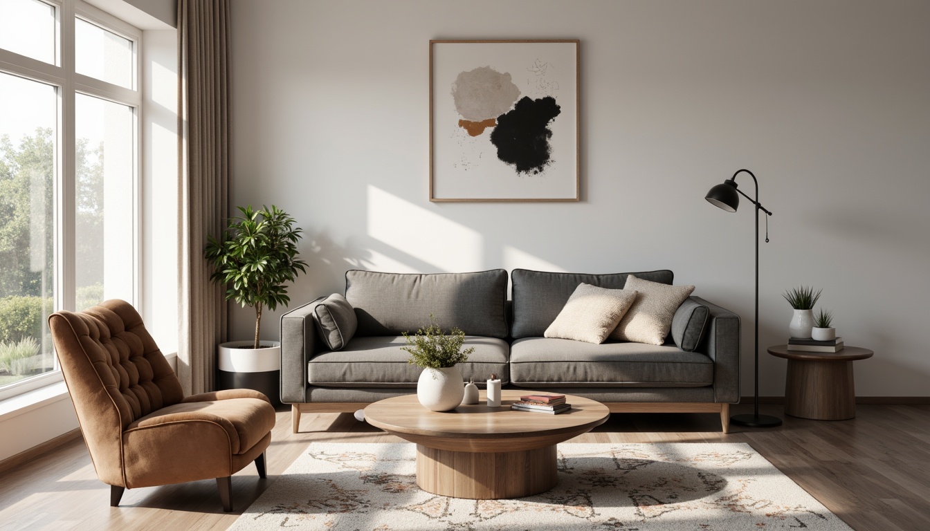 Prompt: Modern living room, sleek low-profile sofa, tufted velvet armchair, minimalist coffee table, geometric-patterned rug, industrial metal floor lamp, Scandinavian-inspired wooden side table, abstract artwork, neutral color palette, natural textiles, marble accents, soft warm lighting, shallow depth of field, 3/4 composition, realistic textures, ambient occlusion.