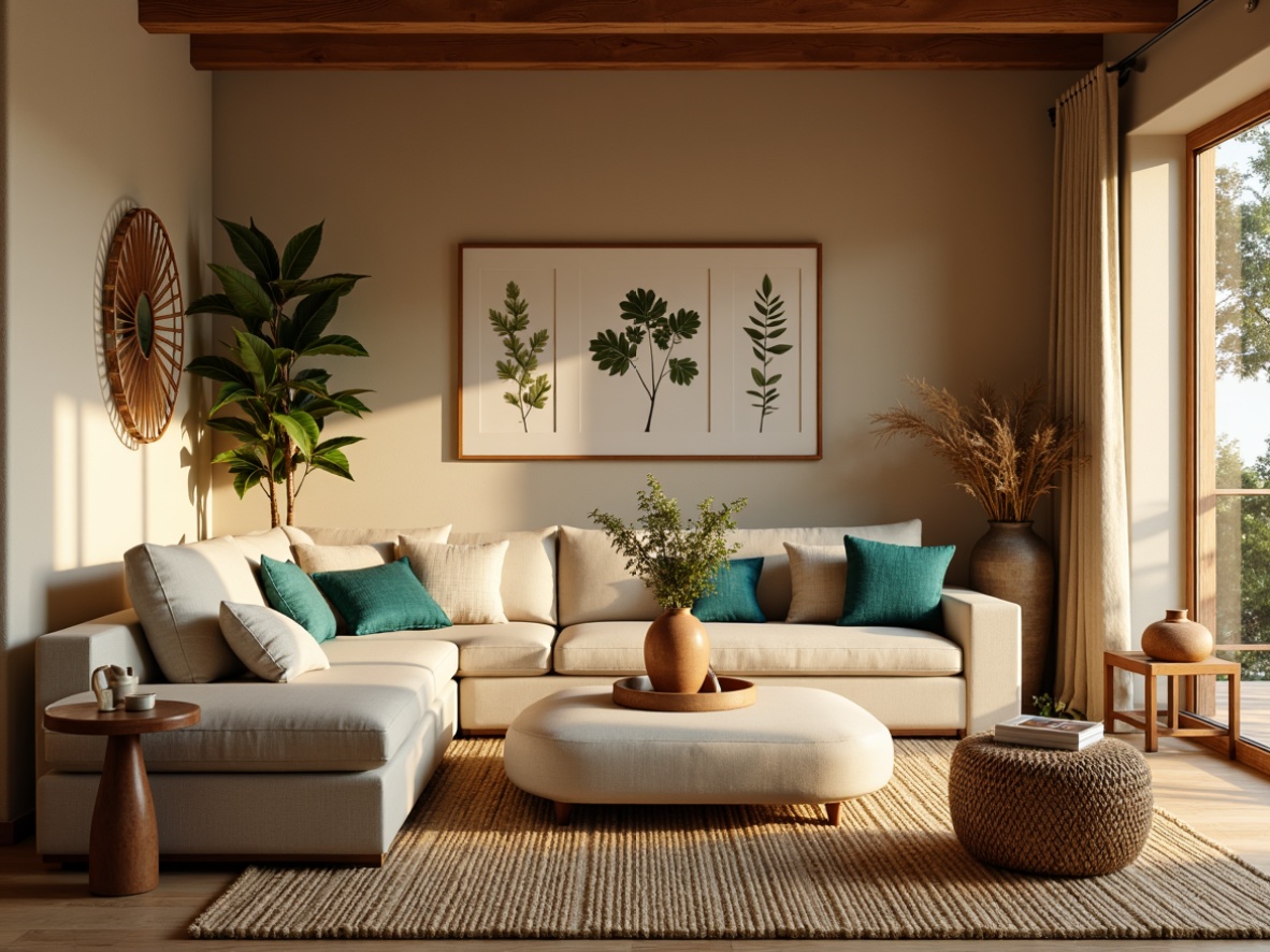 Prompt: Cozy family room, warm beige walls, plush sectional sofa, rich wood accents, natural fiber rugs, earthy terracotta vases, soft golden lighting, intimate atmosphere, relaxed seating arrangement, vibrant turquoise throw pillows, creamy white coffee table, textured linen upholstery, organic botanical prints, calming nature-inspired colors, inviting ambiance, 1/2 composition, warm shallow focus.