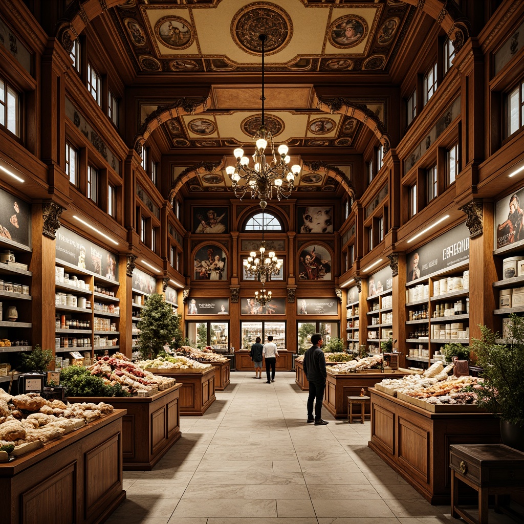 Prompt: Ornate Renaissance-style grocery store, rustic wooden shelves, intricately carved corbels, ornamental metalwork, decorative frescoes, high ceilings, grand chandeliers, polished marble floors, lavish displays, vintage-inspired signage, antique wooden crates, distressed finishes, warm golden lighting, soft focus, 1/2 composition, dramatic shadows, realistic reflections.