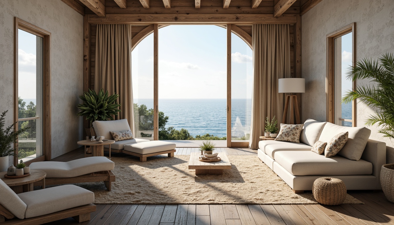 Prompt: Weathered wood planks, driftwood grey tones, ocean-inspired colors, rustic beachy vibes, textured stucco walls, sea salt-weathered stone, distressed finishes, coral-inspired patterns, shell-adorned decorative accents, natural woven fibers, jute rugs, sisal wallpapers, soft blue-green hues, calming ocean views, warm golden lighting, shallow depth of field, 1/1 composition, realistic textures, ambient occlusion.