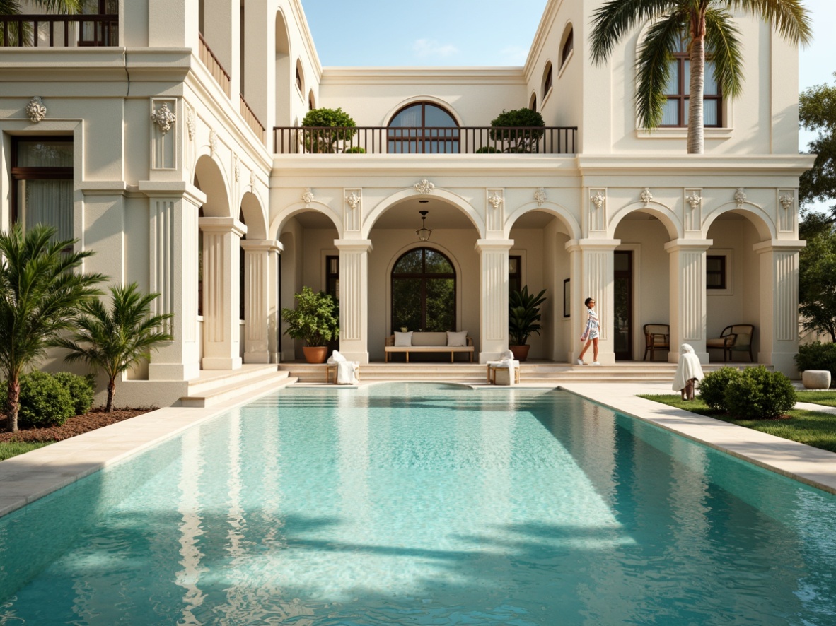 Prompt: Elegant neoclassical swimming pool, soft creamy whites, warm beige tones, rich turquoise waters, ornate stone carvings, classical columns, intricate moldings, luxurious marble floors, polished chrome railings, lush greenery surroundings, sunny afternoon light, gentle water ripples, 3/4 composition, shallow depth of field, realistic reflections, ambient occlusion.