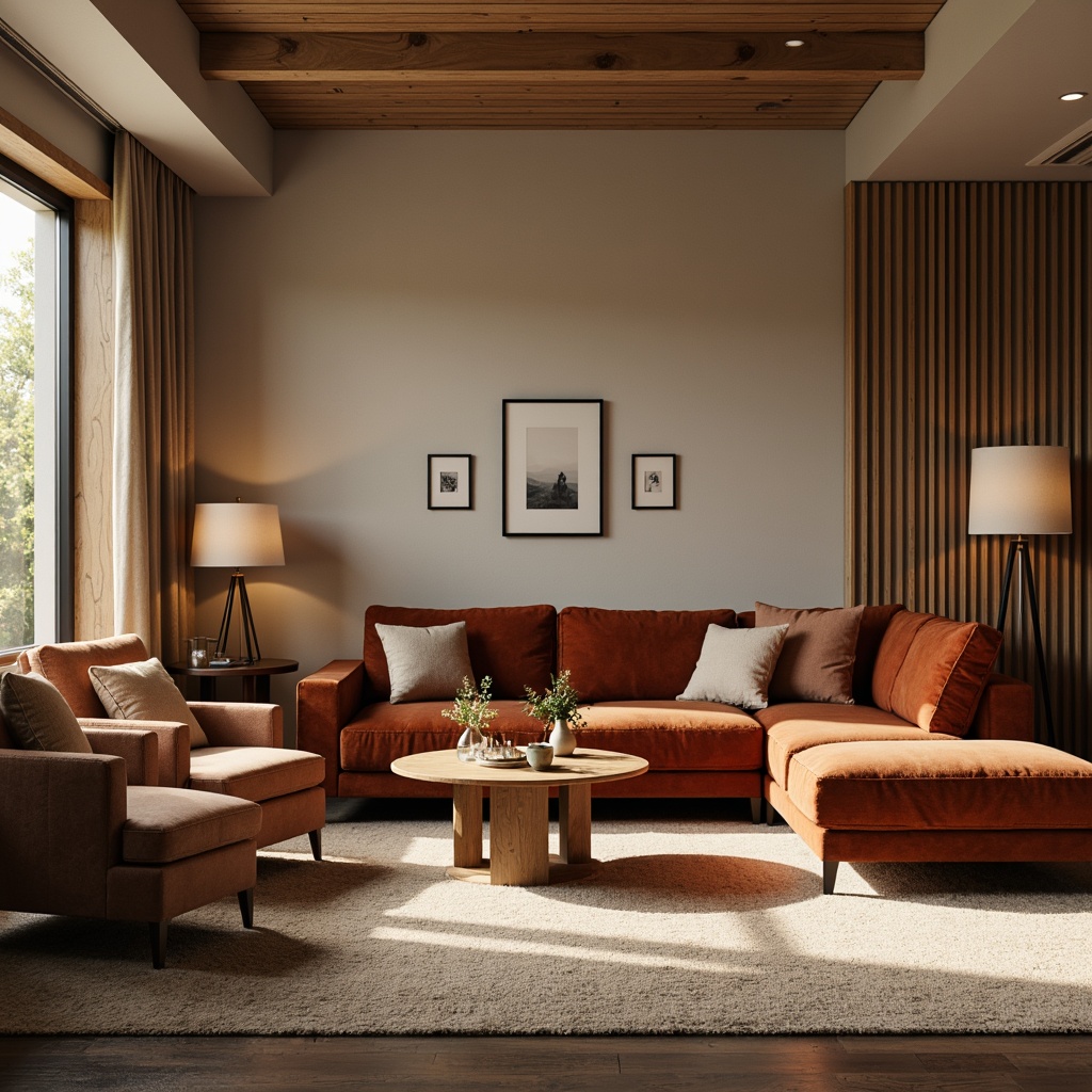 Prompt: Cozy living room, plush sectional sofa, velvet upholstery, wooden coffee table, minimalist decor, floor lamps, soft beige carpet, comfortable throw pillows, stylish armchairs, natural wood accents, earthy color palette, warm ambient lighting, 1/2 composition, shallow depth of field, realistic textures, atmospheric rendering.