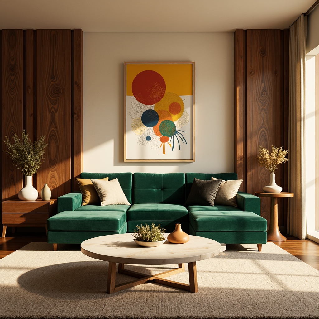 Prompt: Vibrant living room, warm beige walls, rich walnut wood accents, plush emerald green velvet sofa, creamy white marble coffee table, soft golden lighting, natural textiles, earthy terracotta vases, abstract geometric patterns, bold brushstroke artwork, warm neutral background, harmonious color balance, 2.5D composition, cinematic mood, atmospheric perspective.