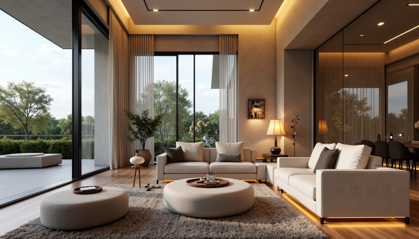 Prompt: Modern living room, sleek furniture, neutral color palette, floor-to-ceiling windows, natural light pouring in, layered lighting scheme, warm ambient glow, recessed ceiling lights, LED strip lights under furniture, table lamps with minimalist shades, pendant lights above coffee table, cozy reading nook, soft box-shaped ottoman, plush area rug, textured wallpaper, subtle patterned throw pillows, metallic accents, polished chrome fixtures, dimmable floor lamps, warm beige walls, rich wood flooring, 1/1 composition, shallow depth of field, realistic textures.