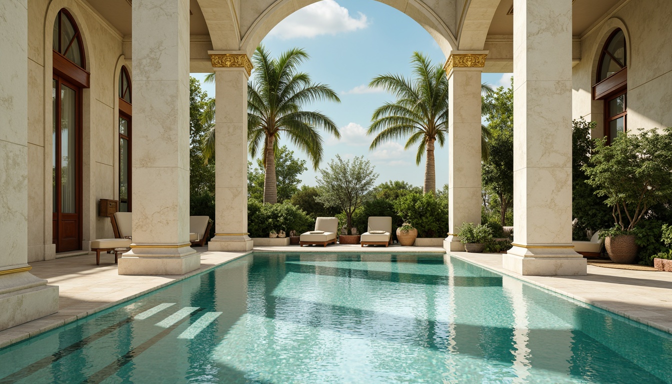 Prompt: Elegant swimming pool, neoclassical columns, ornate details, soft cream marble, turquoise water, subtle gold accents, lush greenery, tropical plants, warm sunny day, gentle ripples, calm atmosphere, soft focus, shallow depth of field, 1/2 composition, symmetrical framing, natural textures, ambient lighting.