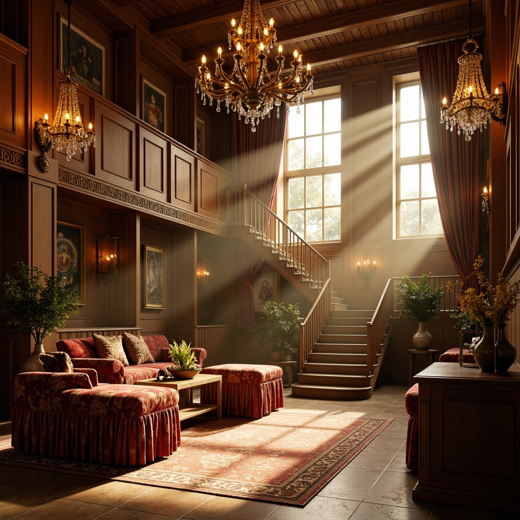 Prompt: Traditional interior, warm golden lighting, ornate chandeliers, crystal droplets, soft candlelight, rich wood tones, carved wooden furniture, velvet drapes, luxurious fabrics, intricate patterns, classic architectural details, grand staircase, spacious high ceiling, large windows, natural daylight, afternoon sunbeams, warm color palette, cozy atmosphere, subtle shadows, 1/2 composition, soft focus, realistic textures.