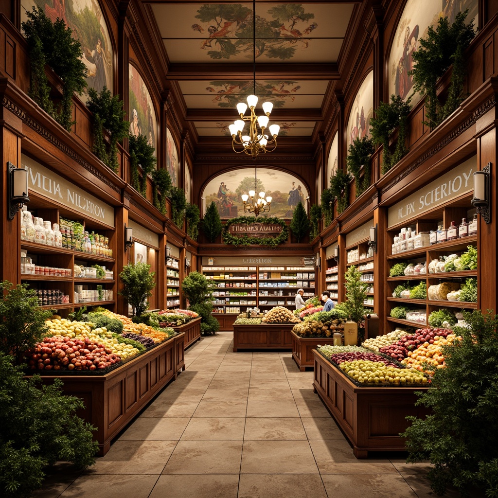 Prompt: Renaissance-style grocery store interior, ornate wooden shelves, intricately carved decorative trim, polished bronze fixtures, warm ambient lighting, rustic stone flooring, distressed wood accents, elegant curved lines, rich jewel-toned color palette, lavish fresco ceiling, grandiose chandeliers, abundant greenery, overflowing flower arrangements, ornamental fruits and vegetables, vintage-inspired signage, hand-painted murals, classic European flair, 3/4 composition, soft warm lighting, shallow depth of field, realistic textures.