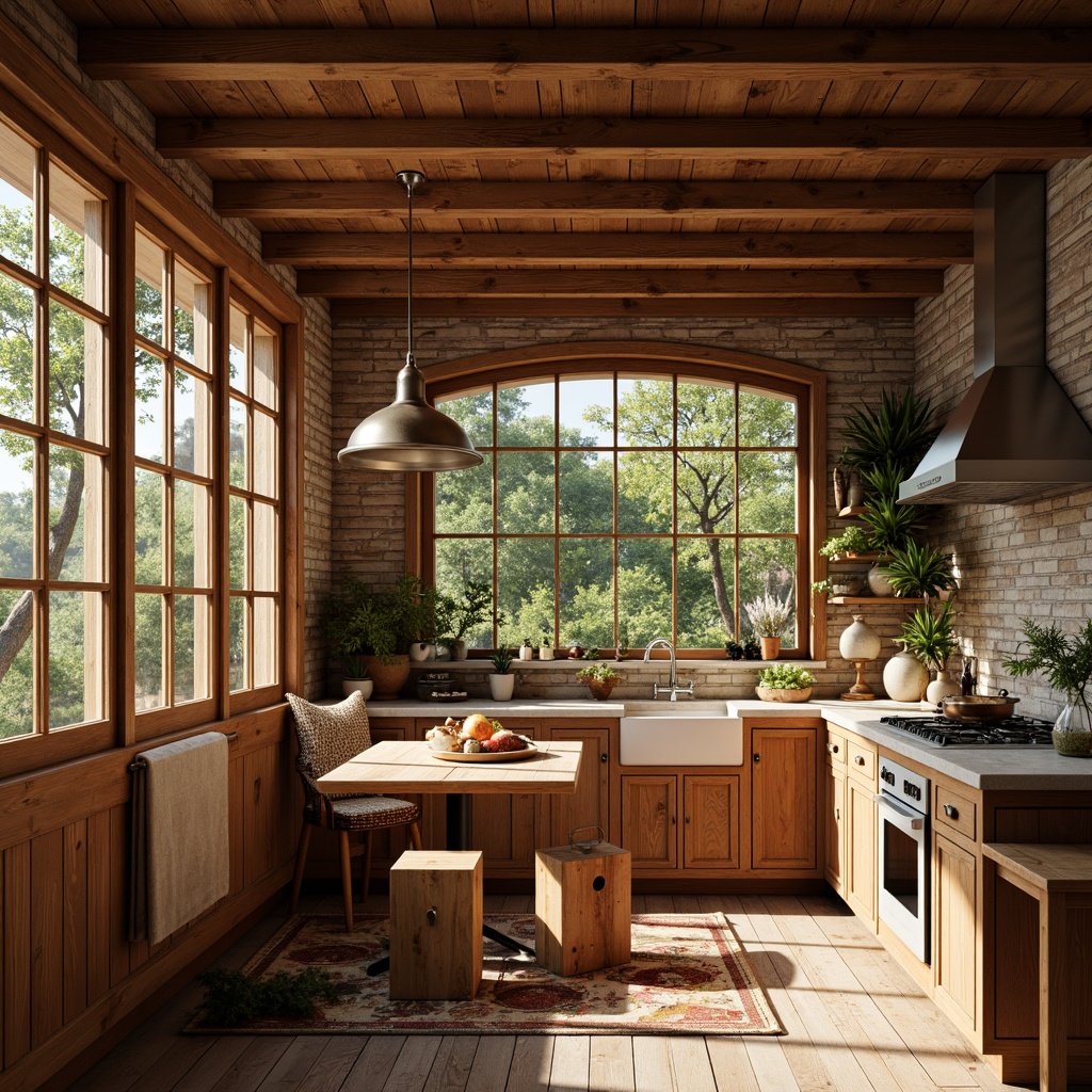 Prompt: Warm kitchen ambiance, rustic wooden cabinets, earthy tones, pendant lamps, metal shades, soft warm lighting, cozy breakfast nook, farmhouse sink, natural stone countertops, exposed beams, vintage appliances, distressed wood flooring, woven textiles, botanical patterns, afternoon sunlight, shallow depth of field, 1/1 composition, realistic textures, ambient occlusion.