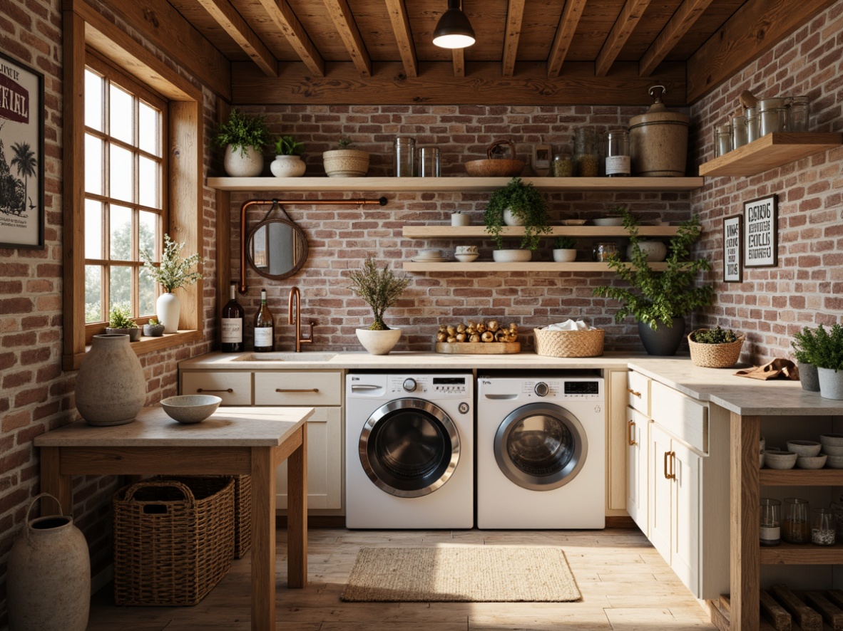 Prompt: Rustic laundry room, distressed wood accents, vintage metal signs, worn brick walls, earthy tone color palette, natural stone countertops, porcelain sinks, copper pipes, woven wicker baskets, soft warm lighting, shallow depth of field, 3/4 composition, realistic textures, ambient occlusion, warm beige ceramics, creamy white cabinets, weathered wooden crates, faded denim fabrics, distressed leather straps, ornate metal fixtures, elegant glass vases.