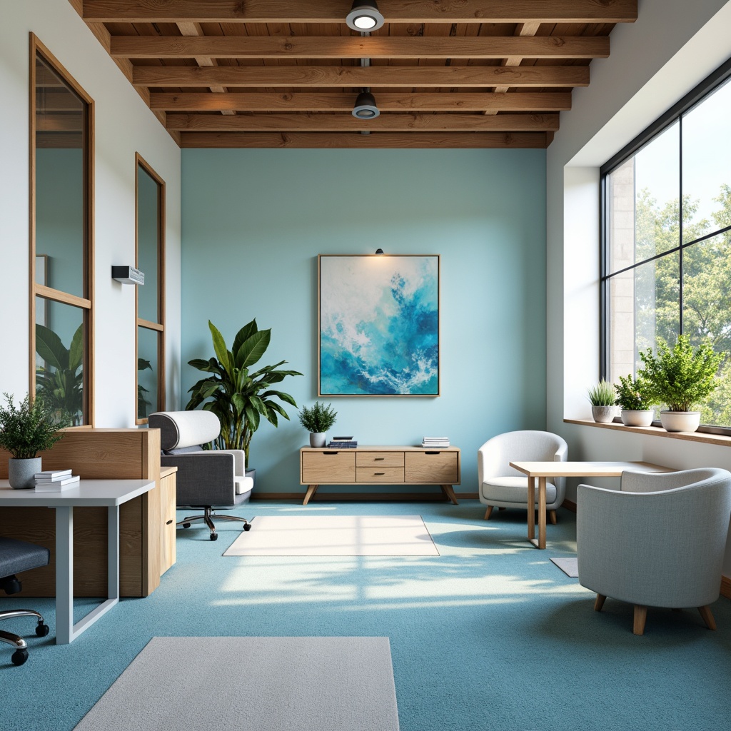 Prompt: Vibrant modern office space, sleek desks, ergonomic chairs, abstract artwork, pastel color scheme, calming blue hues, creamy white accents, rich wood tones, natural textures, ample sunlight, soft overhead lighting, 3/4 composition, shallow depth of field, realistic render.