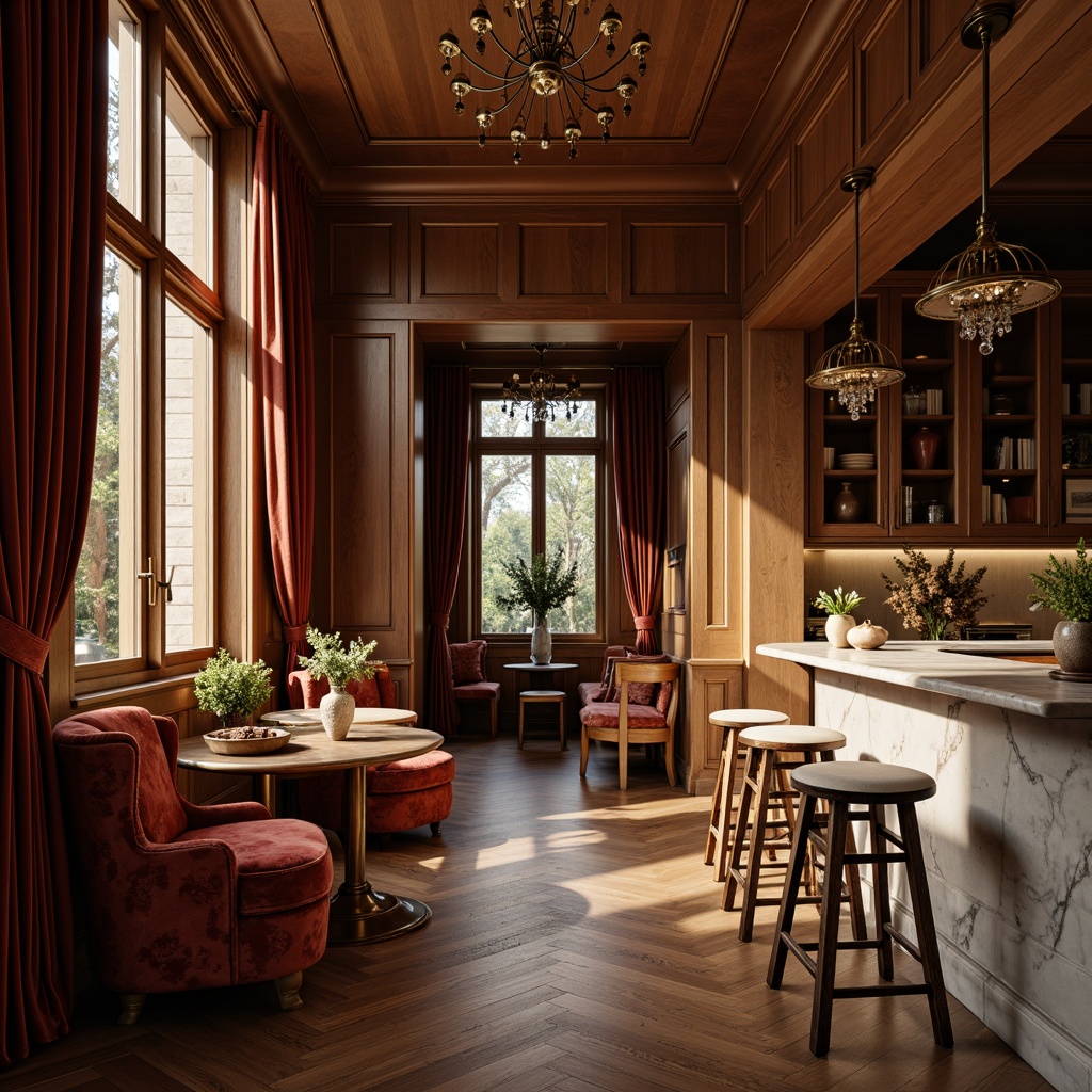 Prompt: Rich wood tones, luxurious velvet fabrics, ornate metal fixtures, elegant ceramic vases, warm golden lighting, cozy breakfast nook, plush cushions, refined marble countertops, sophisticated cabinetry, soft morning sunlight, subtle shadowing, 1/1 composition, intimate atmosphere, realistic wood grain textures, ambient occlusion.