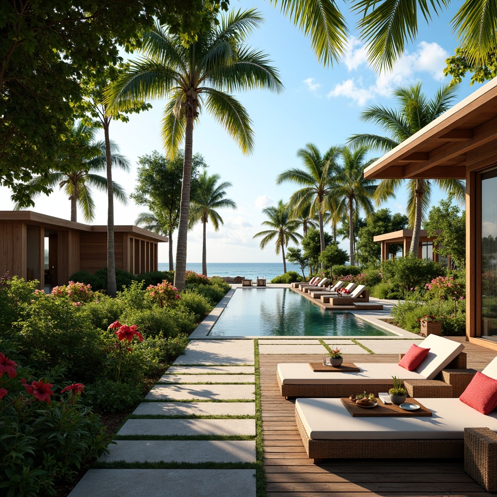 Prompt: Lush tropical gardens, vibrant hibiscus flowers, swaying palm trees, natural stone walkways, wooden decks, rattan furniture, woven textiles, colorful tiki torches, modern minimalist buildings, large overhanging roofs, sliding glass doors, panoramic ocean views, warm sunny day, soft diffused lighting, shallow depth of field, 3/4 composition, realistic wood textures, ambient occlusion, exotic fruit arrangements, refreshing cocktail bars, infinity swimming pools, tranquil water features.