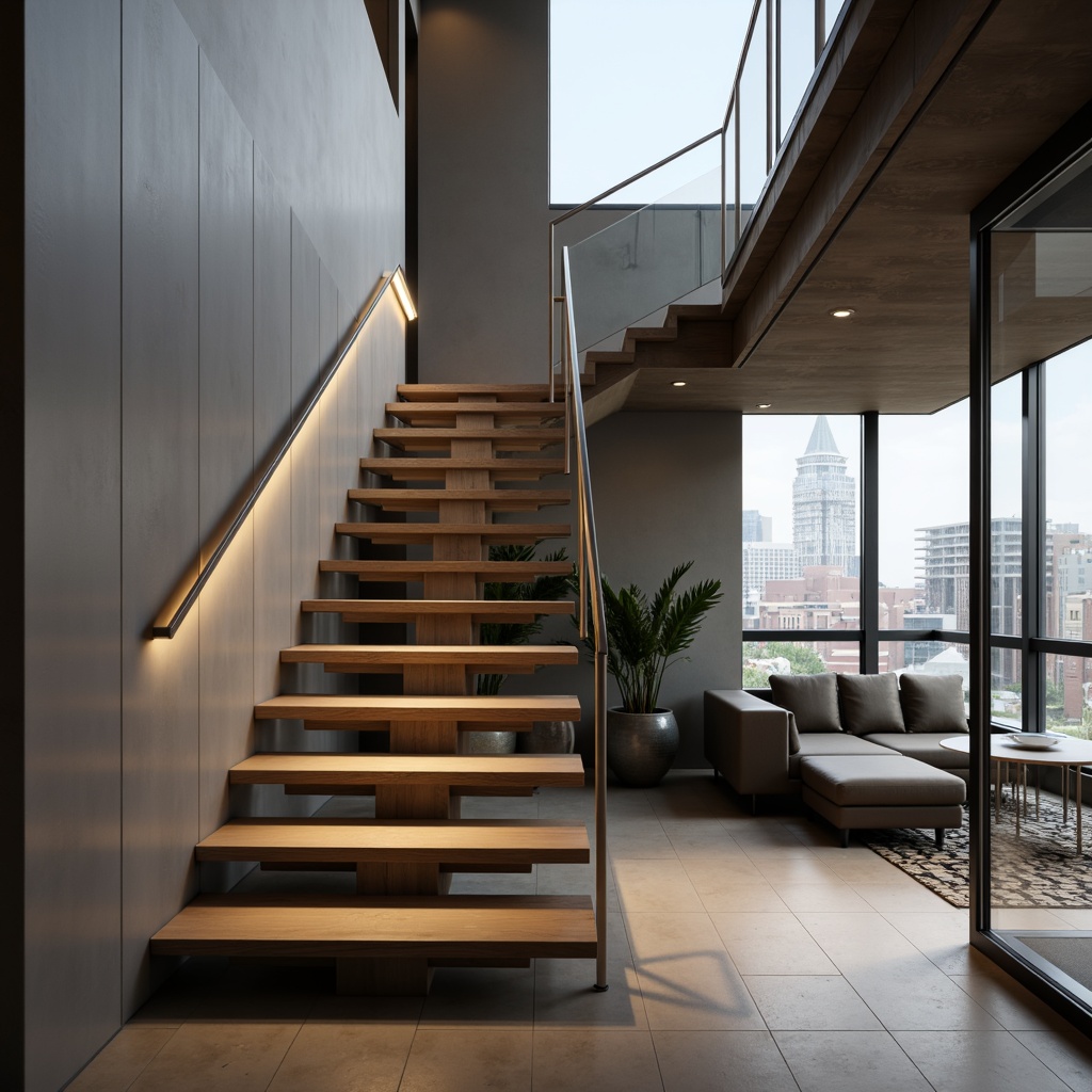 Prompt: Sleek modern staircase, minimalist handrail design, stainless steel or glass balusters, LED lighting strips, wooden or stone steps, open risers, geometric patterns, industrial chic aesthetic, urban loft atmosphere, natural light pouring in, shallow depth of field, 1/1 composition, realistic metal textures, ambient occlusion.