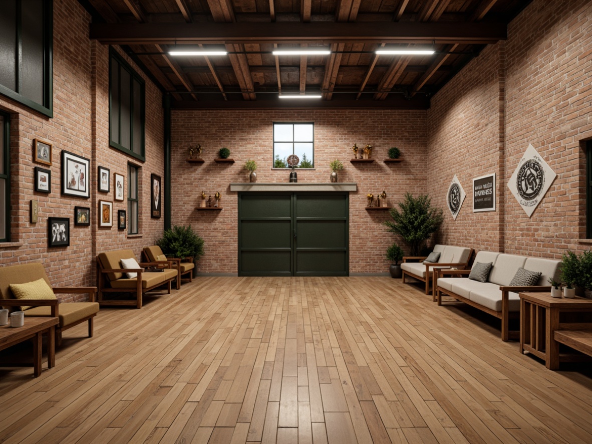 Prompt: Rustic gymnasium interior, wooden flooring, vintage sports equipment, distressed brick walls, metal beams, industrial lighting fixtures, reclaimed wood benches, athletic trophies, motivational quotes, natural stone accents, earthy color palette, minimalist decor, functional seating areas, cozy reading nooks, warm ambient lighting, shallow depth of field, 1/1 composition, realistic textures, soft focus effect.