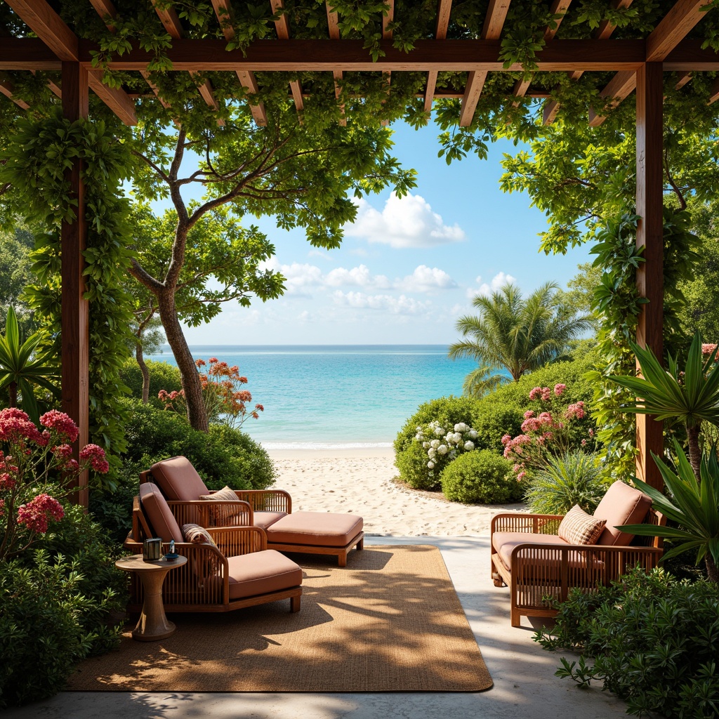 Prompt: Vibrant tropical oasis, lush greenery, exotic flowers, warm sandy beach, crystal-clear turquoise water, rustic wooden accents, natural woven textiles, elegant rattan furniture, luxurious velvet fabrics, rich bronze metallic tones, soft golden lighting, shallow depth of field, 1/1 composition, realistic textures, ambient occlusion.