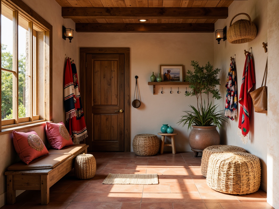 Prompt: Vibrant mudroom, southwestern decor, terracotta flooring, natural stone walls, woven baskets, colorful Navajo blankets, rustic wooden benches, distressed leather ottomans, earthy tone accents, turquoise accessories, desert-inspired artwork, cactus-shaped hooks, woven textiles, rattan storage bins, warm ambient lighting, soft shadows, shallow depth of field, 3/4 composition, realistic textures.