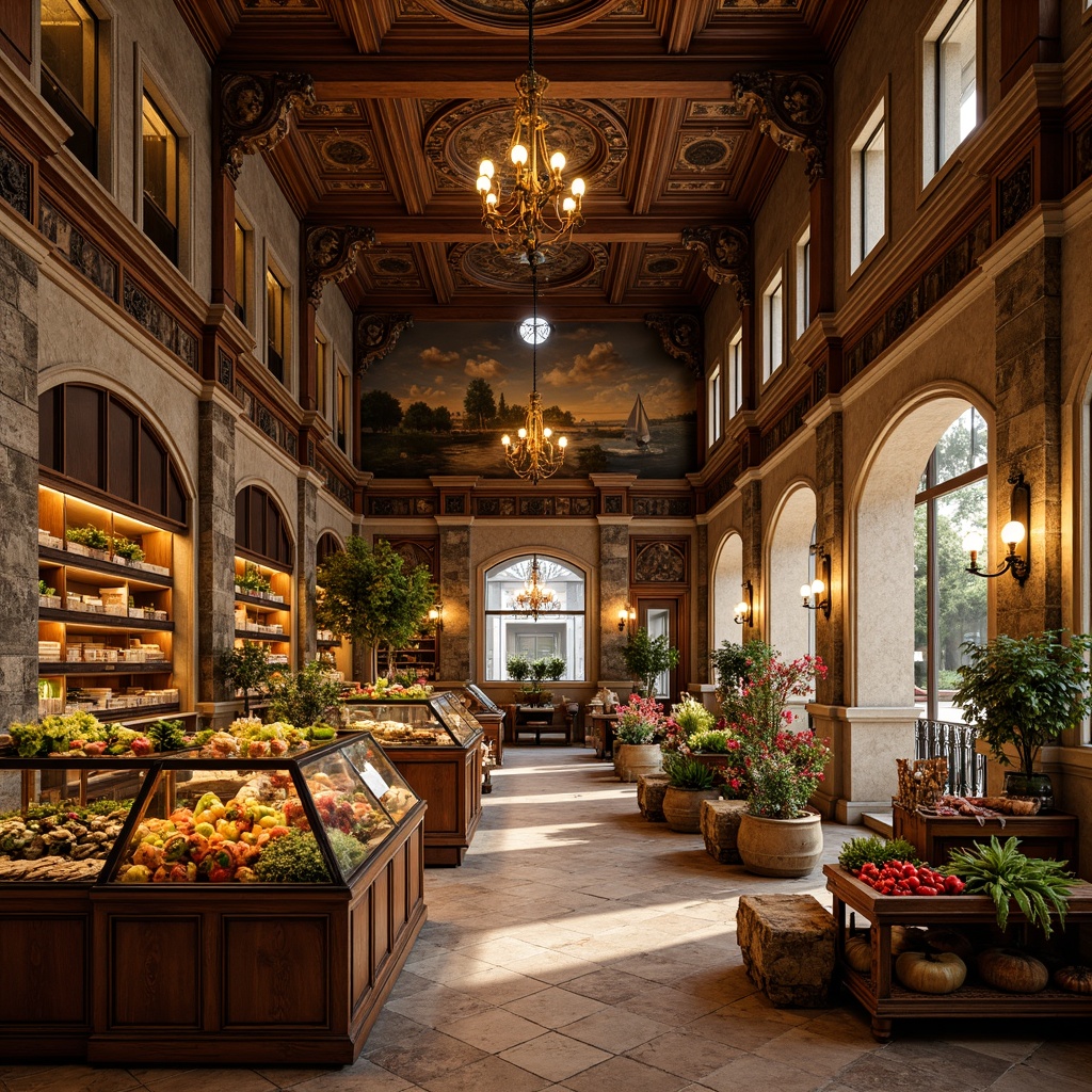 Prompt: Ornate Renaissance-style grocery store, rich wood tones, elegant arches, intricately carved wooden shelves, ornamental metalwork, decorative frescoes, warm golden lighting, vintage-inspired display cases, distressed stone walls, rustic wooden crates, abundant fresh produce, artisanal food arrangements, lavish flower arrangements, majestic high ceilings, grandiose chandeliers, soft warm ambiance, 1/1 composition, shallow depth of field, realistic textures, ambient occlusion.