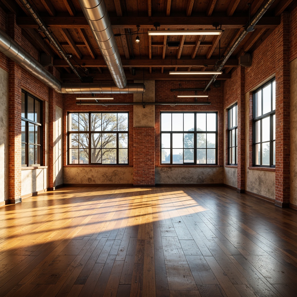 Prompt: Warmly lit gymnasium interior, rustic wooden floors, distressed brick walls, exposed ductwork, industrial-style lighting fixtures, metal beams, vaulted ceilings, large windows, natural daylight, warm color tones, soft shadows, subtle gradient lighting, 1/1 composition, shallow depth of field, realistic textures, ambient occlusion.