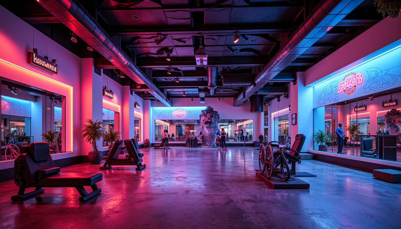 Prompt: Neon-lit fitness club, bold color blocking, irregular shapes, fragmented mirrors, eclectic mix of materials, distressed concrete floors, industrial metal beams, futuristic LED lighting, avant-garde art installations, abstract patterns on walls, dynamic spatial configurations, deconstructed exercise equipment, oversized fitness props, conceptual graffiti, urban loft atmosphere, high-ceilinged open spaces, dramatic spotlights, 1/2 composition, shallow depth of field, cinematic color grading.