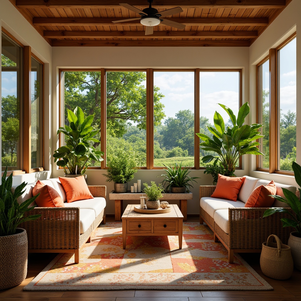 Prompt: Cozy sunroom, warm natural light, comfortable seating area, plush sofas, vibrant throw pillows, wooden coffee tables, potted plants, sliding glass doors, panoramic views, lush greenery, bright colors, cheerful decor, natural textiles, woven baskets, rattan furniture, tropical-inspired accents, soft ambient lighting, 1/1 composition, relaxed atmosphere.