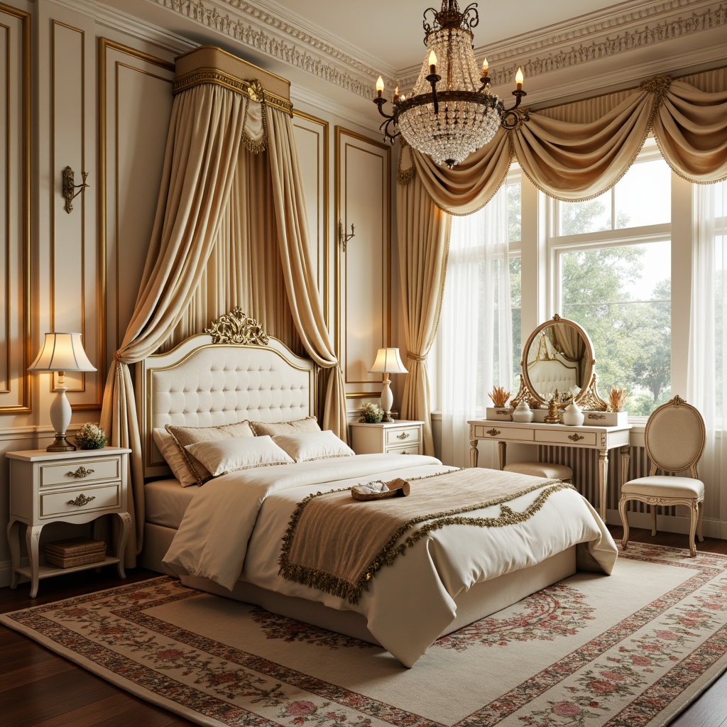 Prompt: Whimsical kid's room, soft cream walls, ornate golden frames, delicate floral patterns, plush velvet fabrics, intricate carvings, crystal chandeliers, warm candlelight, creamy window drapes, vintage furniture, distressed wood accents, lavish textiles, opulent rugs, majestic four-poster bed, elegant dressing table, dainty porcelain vases, sparkling fairy lights, gentle glow of string lights, 1/2 composition, shallow depth of field, soft focus, warm color temperature.