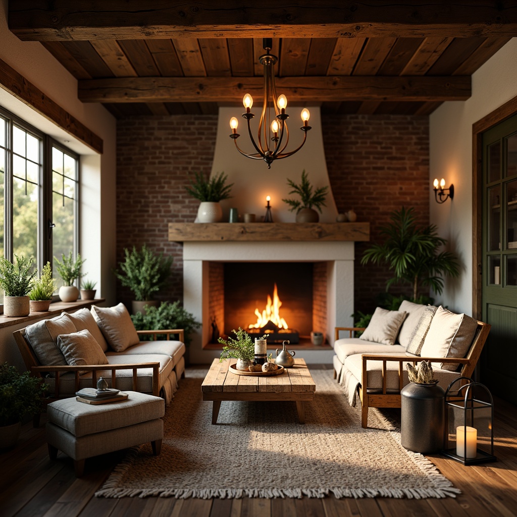 Prompt: Rustic farmhouse, warm candlelight, soft lanterns, vintage metal chandeliers, wooden beams, exposed brick walls, cozy nooks, plush throw blankets, natural linen fabrics, earthy color palette, distressed wood furniture, traditional country decor, softbox lighting, warm LED bulbs, pendant lamps, industrial-chic fixtures, reclaimed wood accents, natural stone fireplaces, crackling fireplace sounds, morning sunlight, golden hour glow, shallow depth of field, 1/2 composition, realistic textures, ambient occlusion.