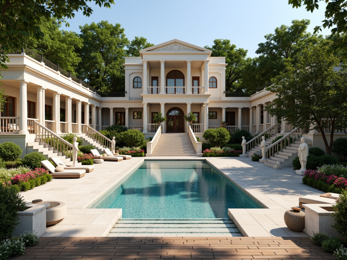 Prompt: Elegant outdoor pool, neoclassical architecture, ornate fountains, marble statues, symmetrical gardens, lush greenery, vibrant flowers, classic columns, intricate stone carvings, grand staircases, luxurious lounge chairs, wooden deck flooring, crystal clear water, sunny day, soft warm lighting, shallow depth of field, 3/4 composition, panoramic view, realistic textures, ambient occlusion.