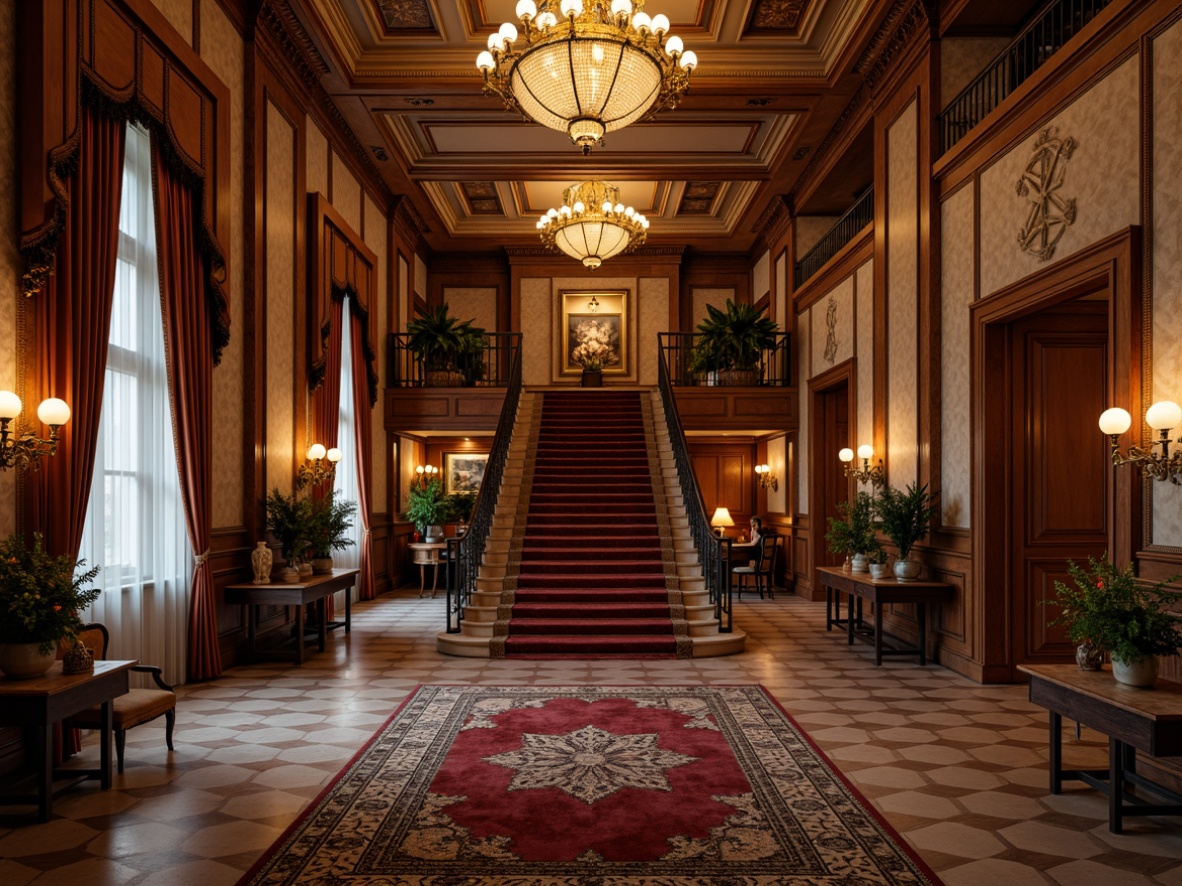 Prompt: Opulent foyer, grand staircase, intricately patterned rugs, richly ornamented walls, crystal chandeliers, ornate sconces, bronze lanterns, warm golden lighting, lavish drapery, velvet fabrics, luxurious furnishings, carved wooden accents, gilded frames, majestic archways, dramatic ceiling heights, soft diffused glow, warm ambient lighting, 1/1 composition, low-key illumination, atmospheric mood.