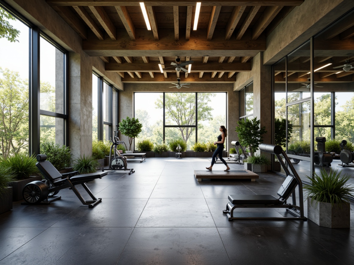 Prompt: Spacious home gym, large windows, sliding glass doors, bright natural light, high ceilings, minimal obstructions, mirrored walls, rubber flooring, sleek exercise equipment, modern architecture, open plan layout, urban loft style, industrial chic decor, metallic accents, reclaimed wood features, vibrant greenery, lush plants, soft warm lighting, shallow depth of field, 3/4 composition, panoramic view, realistic textures, ambient occlusion.