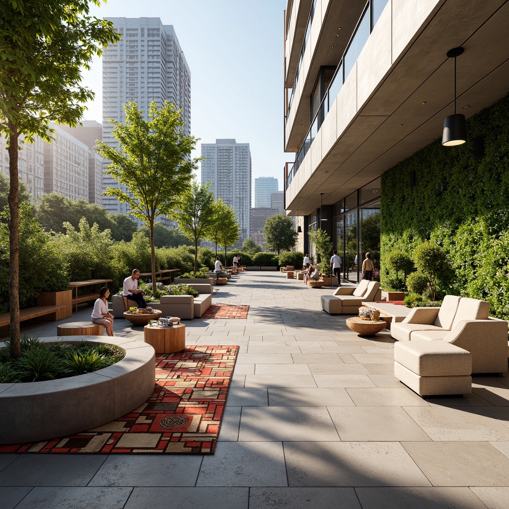 Prompt: Curved benches, minimalist planters, natural stone flooring, reclaimed wood accents, modern ergonomic chairs, sleek coffee tables, pendant lamps, airy canopies, open shelving units, geometric patterned rugs, vibrant green walls, urban cityscape views, sunny afternoon light, shallow depth of field, 1/1 composition, panoramic view, realistic textures, ambient occlusion.