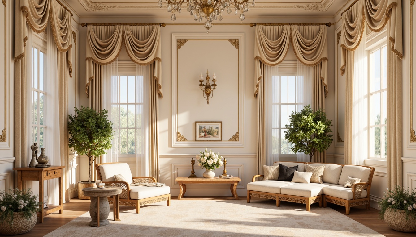 Prompt: Soft pastel hues, gentle cream walls, ornate gold accents, whimsical floral patterns, delicate lace trim, luxurious velvet fabrics, intricate carved wooden furniture, playful rocaille motifs, elegant crystal chandeliers, warm beige carpets, sunny afternoon light, soft focus, 1/2 composition, romantic atmosphere, subtle sheen, French Renaissance inspiration.