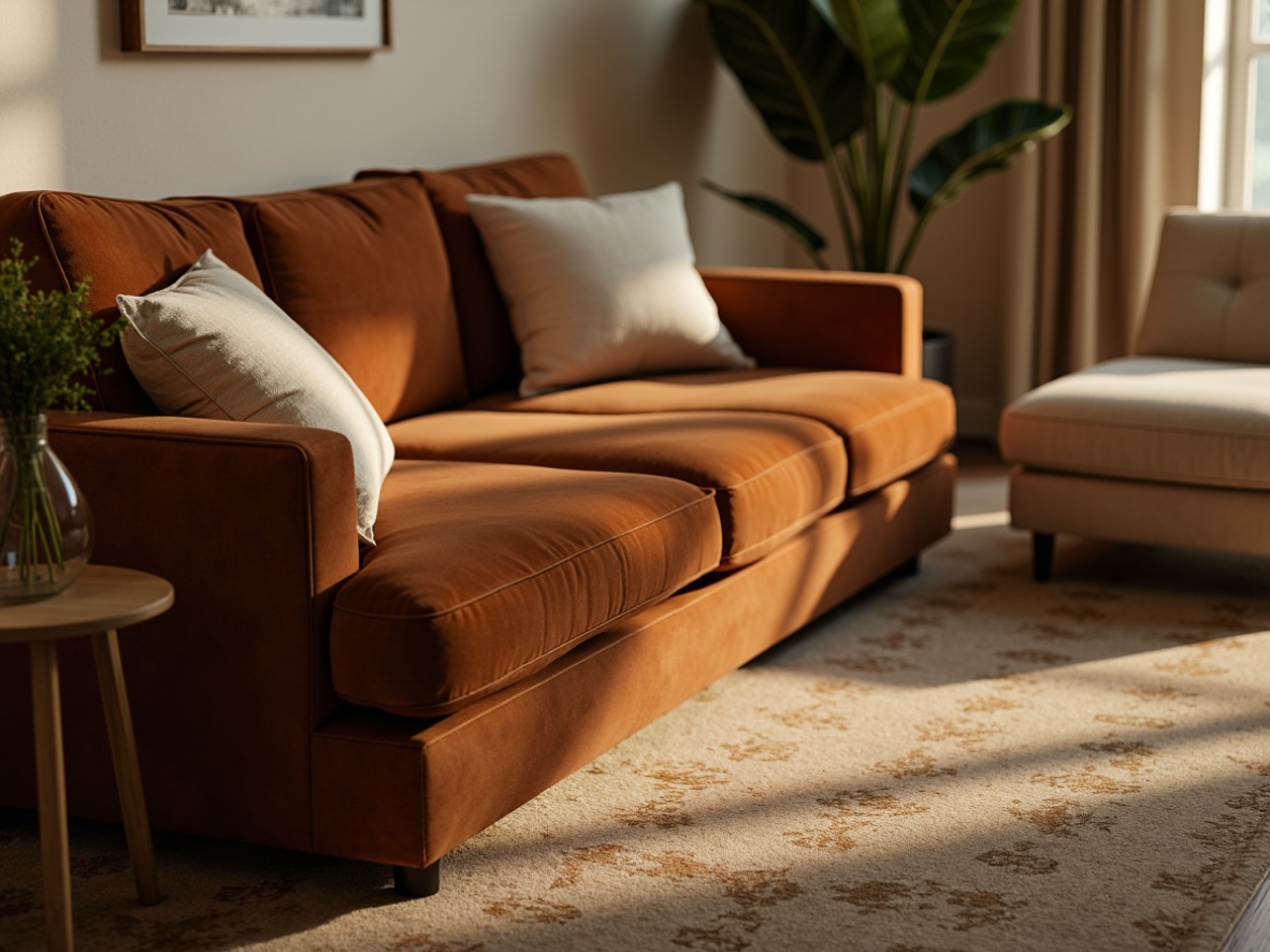 Prompt: Cozy living room, plush velvet sofa, soft cushioned chairs, warm beige carpeting, natural wood accents, subtle texture patterns, earthy tone color palette, ambient warm lighting, shallow depth of field, 1/1 composition, realistic fabric rendering, detailed upholstery stitching, comfortable throw pillows, inviting atmosphere, relaxing ambiance.