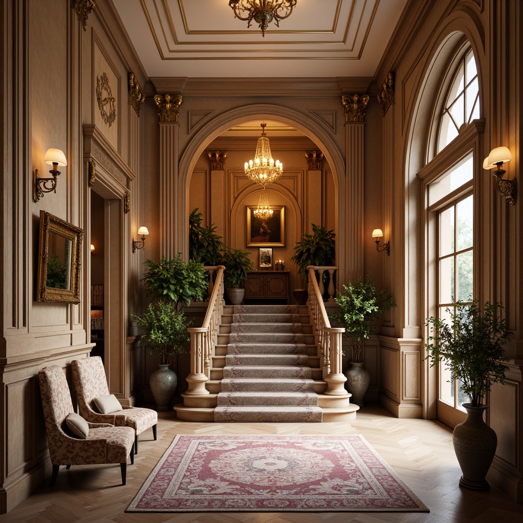 Prompt: Elegant entryway, grand staircase, ornate moldings, rich wood tones, velvety fabrics, warm golden lighting, intricate patterns, soft pastel hues, luxurious jewel-toned accents, sophisticated neutral backgrounds, dramatic ceiling heights, ornamental fixtures, vintage-inspired accessories, soft warm glow, shallow depth of field, 1/2 composition, realistic textures, ambient occlusion.