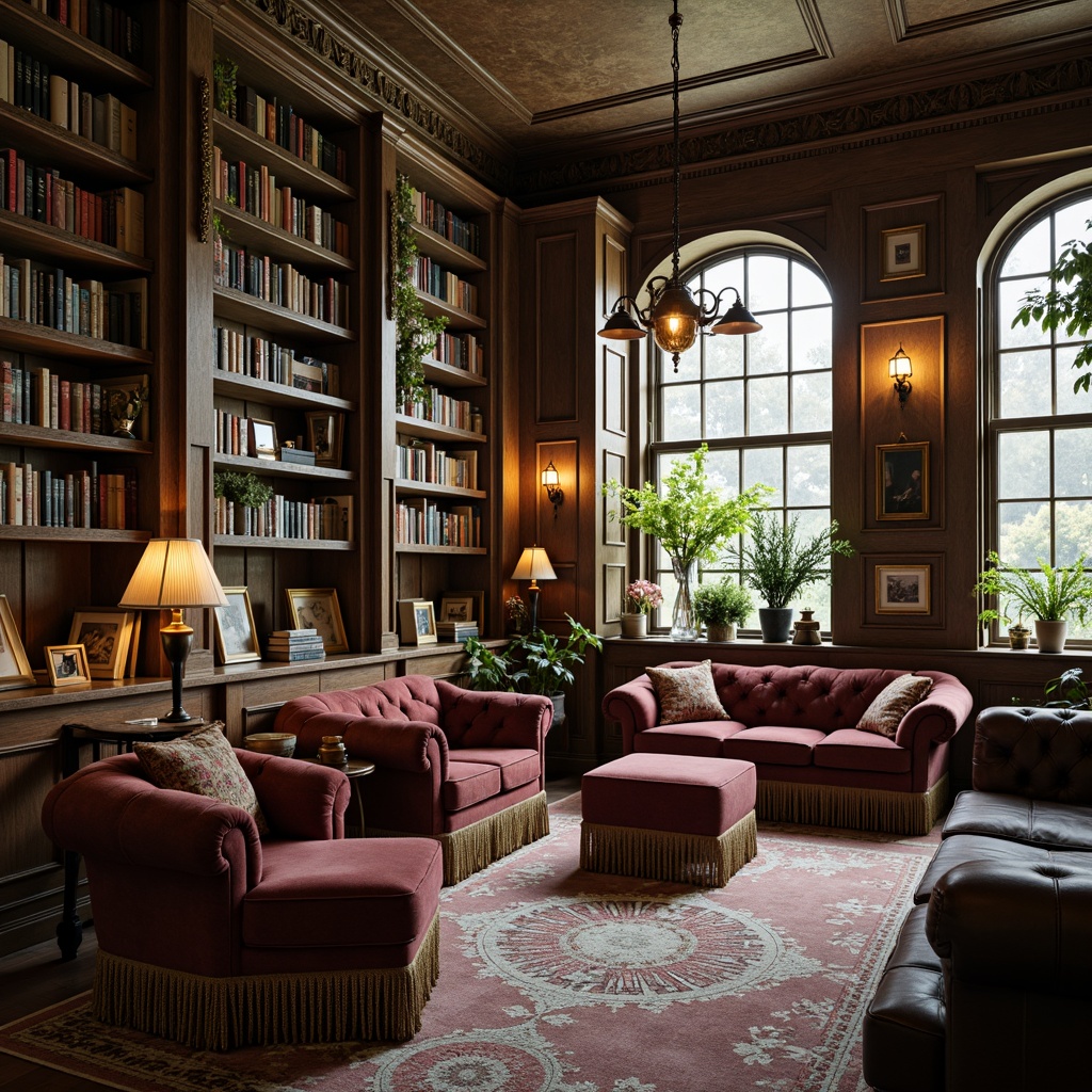 Prompt: Vintage bookstore, distressed wooden shelves, ornate metal latticework, plush velvet armchairs, tufted ottomans, lace-trimmed curtains, floral patterned rugs, antique bookcases, worn leather sofas, decorative candelabras, soft warm lighting, 1/1 composition, intimate atmosphere, realistic textures, ambient occlusion.