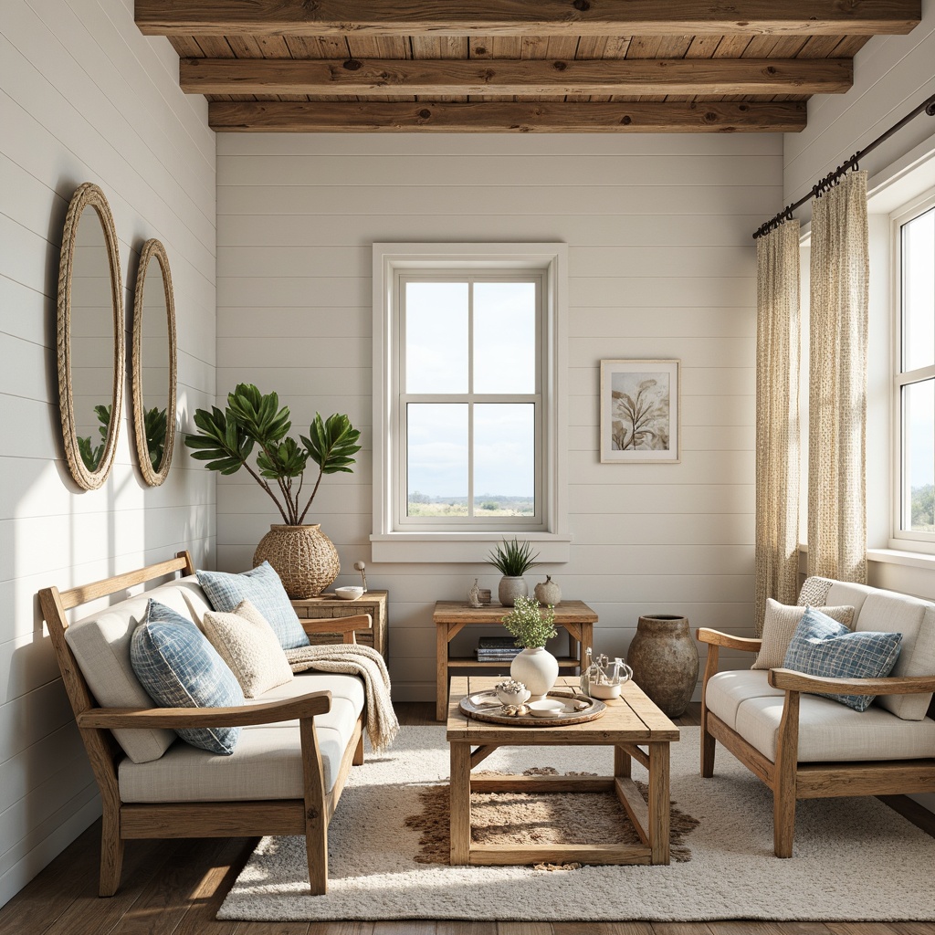 Prompt: Coastal cottage, whitewashed walls, weathered wood accents, driftwood decor, ocean-inspired colors, soft blues and whites, sandy neutrals, shell-adorned mirrors, coral-patterned textiles, woven sea grass rugs, natural fiber upholstery, distressed wood furniture, vintage nautical elements, porthole windows, rope detailing, beachy vibe, warm sunny day, soft golden lighting, shallow depth of field, 1/1 composition, realistic textures, ambient occlusion.