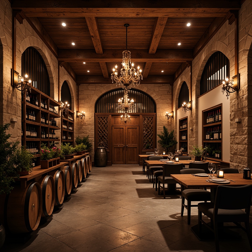 Prompt: Elegant wine cellar, rich wood tones, ornate metalwork, dimmable warm lighting, soft candlelight, vintage chandeliers, crystal pendant lights, rustic stone walls, arched doorways, wooden barrel displays, wine bottle racks, ambient shadows, subtle color grading, dramatic spotlighting, 1/1 composition, moody atmospheric rendering.