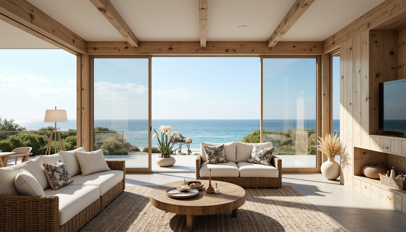 Prompt: Coastal living room, large windows, sliding glass doors, ocean views, soft natural light, warm beige tones, weathered wood accents, woven rattan furniture, nautical rope details, driftwood decor, shell-inspired patterns, calming blue hues, white sandy textures, airy open space, high ceilings, minimal ornamentation, 1/1 composition, realistic reflections, subtle shading, atmospheric perspective.