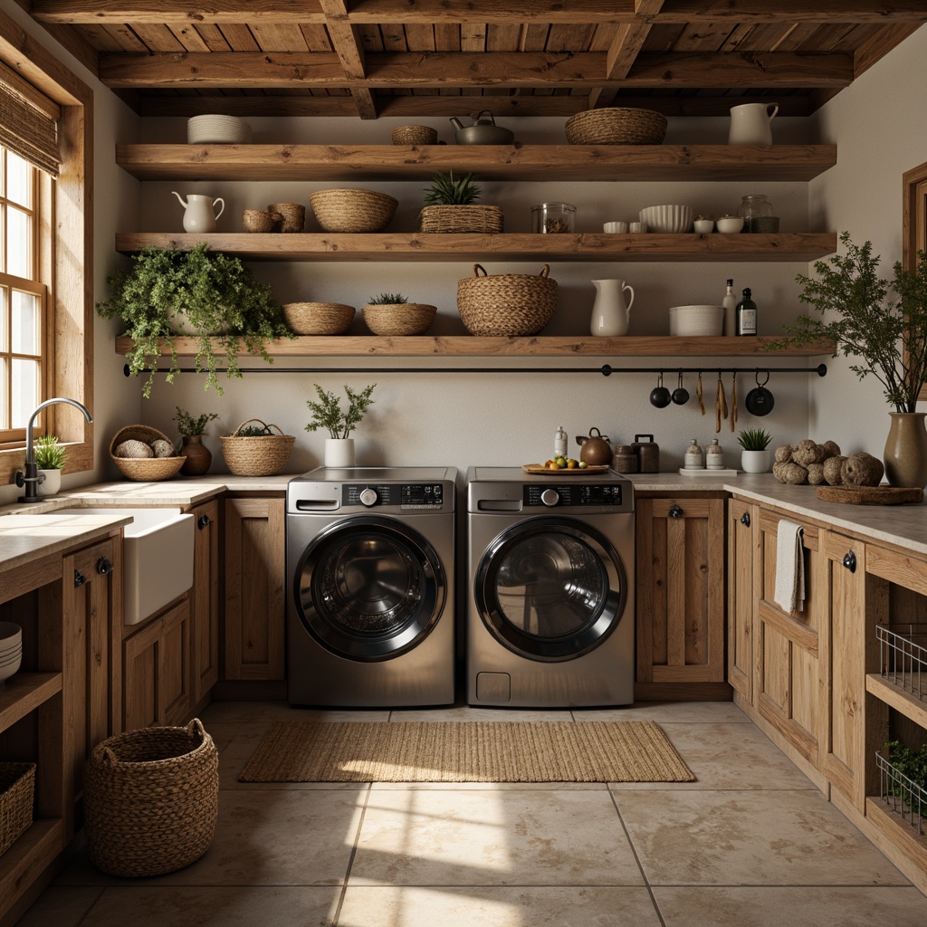 Prompt: Rustic laundry room, wooden cabinetry, vintage metal appliances, natural stone countertops, woven baskets, earthy color palette, distressed wood accents, industrial-style lighting fixtures, reclaimed wood shelves, minimalist decor, functional storage solutions, soft warm lighting, shallow depth of field, 1/1 composition, realistic textures, ambient occlusion.