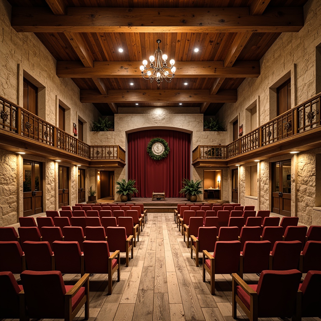 Prompt: Rustic performing arts center, wooden beam ceiling, natural stone walls, earthy tone colors, cozy atmosphere, tiered seating arrangement, reclaimed wood benches, plush velvet cushions, bronze metal accents, dimmable warm lighting, intimate stage setting, wooden floorboards, rustic doorways, vintage theater seats, ornate wooden balconies, grand chandelier, soft focus spotlights, shallow depth of field, 2/3 composition, realistic textures, ambient occlusion.