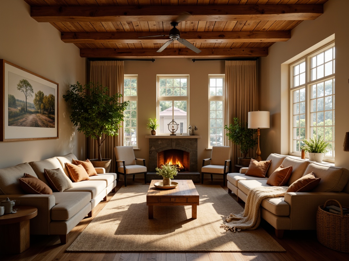 Prompt: Warm living room, plush sofas, soft velvet cushions, wooden coffee tables, vintage armchairs, woven baskets, natural fiber rugs, earthy tone walls, dimmable table lamps, crackling fireplace, comfortable throw blankets, lush green plants, warm beige curtains, minimalist decor, rustic wooden accents, soft golden lighting, shallow depth of field, 1/1 composition, inviting atmosphere.