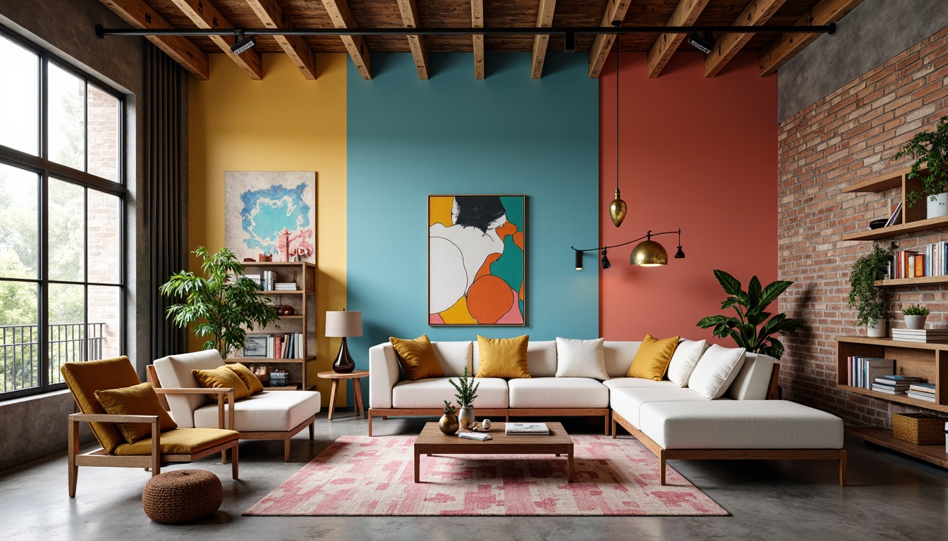 Prompt: Vibrant modern interior, bold color scheme, pastel hues, rich textures, metallic accents, sleek lines, minimalist decor, natural light, airy atmosphere, urban loft, industrial chic, reclaimed wood, exposed brick, eclectic furniture, abstract artwork, moody lighting, 3/4 composition, shallow depth of field.