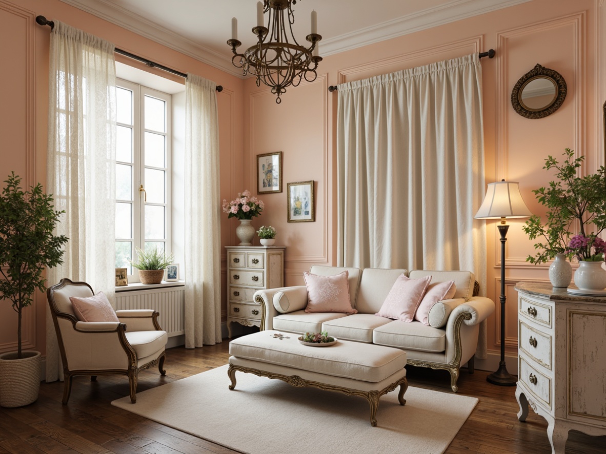 Prompt: Soft peach walls, distressed wood furniture, vintage metal accents, lace curtains, floral patterns, creamy whites, warm beige tones, pale pink hues, muted turquoise, soft sage greens, natural linen textures, rustic wooden floors, ornate gold frames, delicate porcelain vases, romantic candlelight, gentle morning light, 1/2 composition, intimate atmosphere, realistic wear and tear.