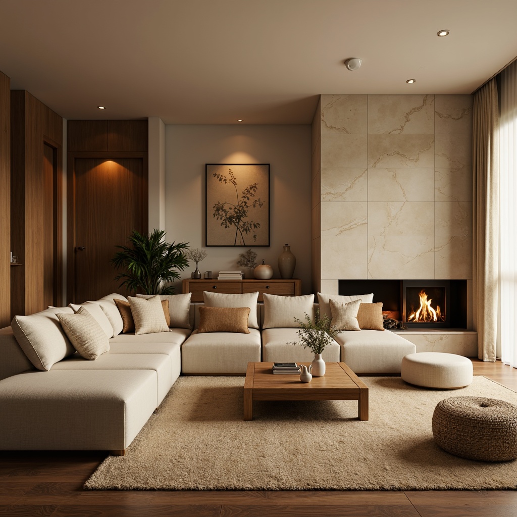 Prompt: Cozy family room, warm beige walls, comfortable sectional sofas, plush throw pillows, rich wood accents, earthy tone rug, soft golden lighting, relaxed atmosphere, natural stone fireplace, modern minimalist decor, subtle texture variations, gentle color transitions, 1/2 composition, shallow depth of field, realistic furniture renderings.