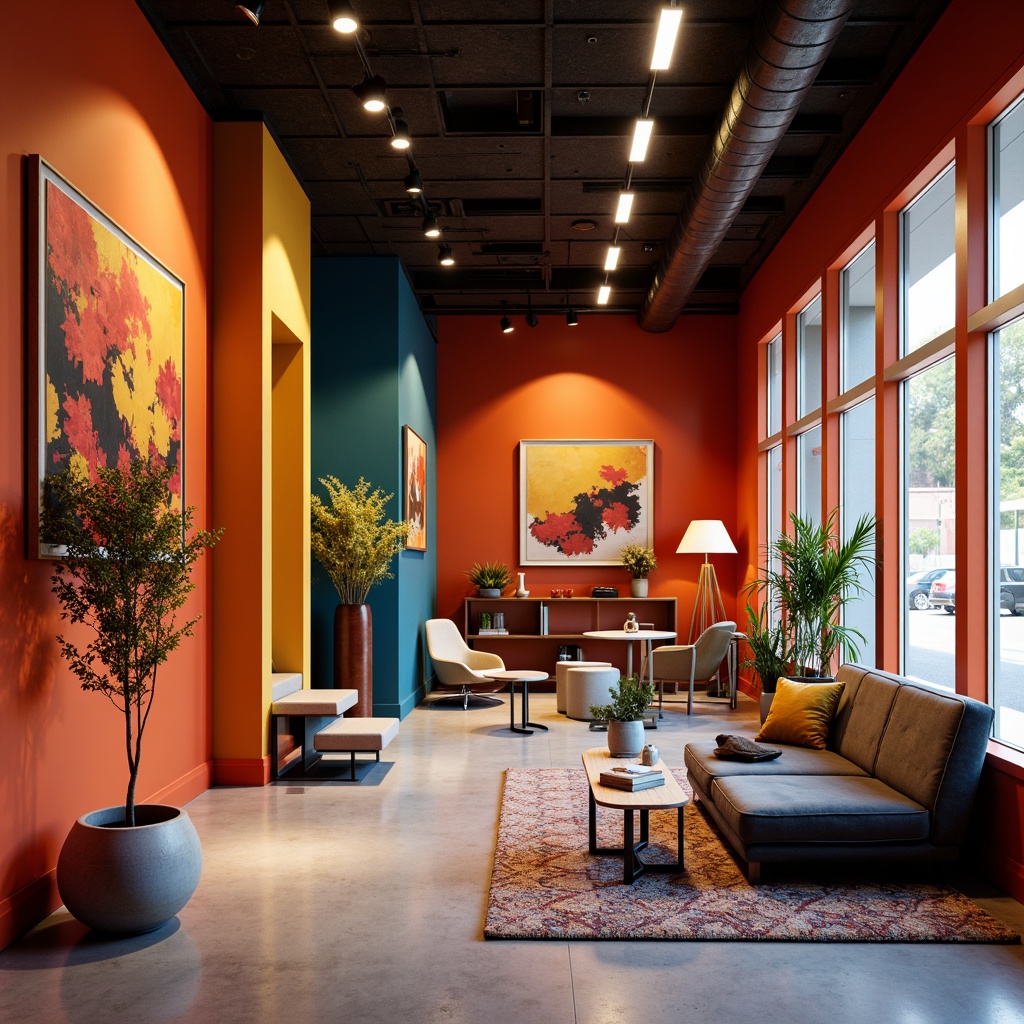 Prompt: Vibrant design studio, modern interior space, bold color scheme, contrasting hues, harmonious palette, rich textures, sleek furniture, geometric patterns, metallic accents, soft warm lighting, shallow depth of field, 1/1 composition, realistic renderings, ambient occlusion.