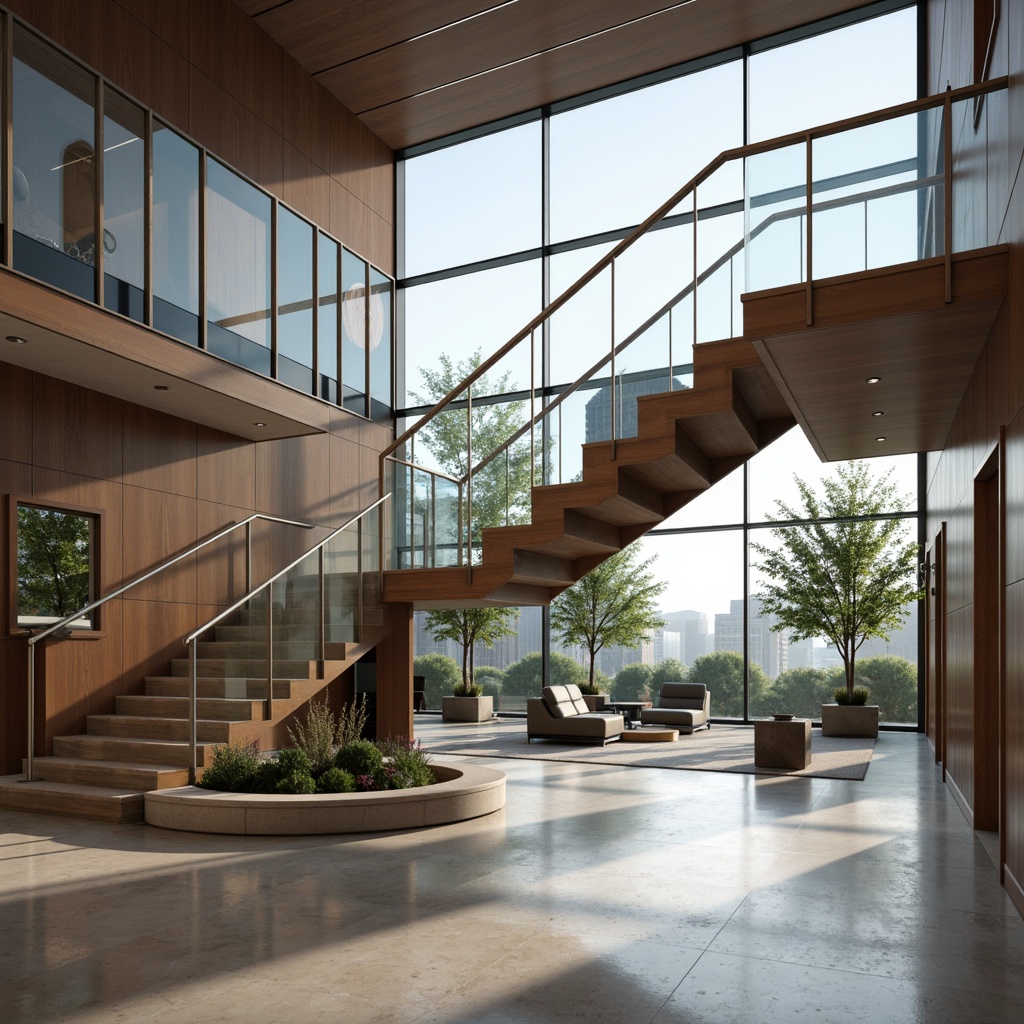 Prompt: Modern staircase, sleek balustrades, stainless steel handrails, glass panels, minimalist design, open floor plan, natural light pouring in, polished marble floors, sophisticated color palette, geometric shapes, intricate metalwork, artistic details, ambient lighting, shallow depth of field, 1/1 composition, realistic textures, atmospheric rendering.