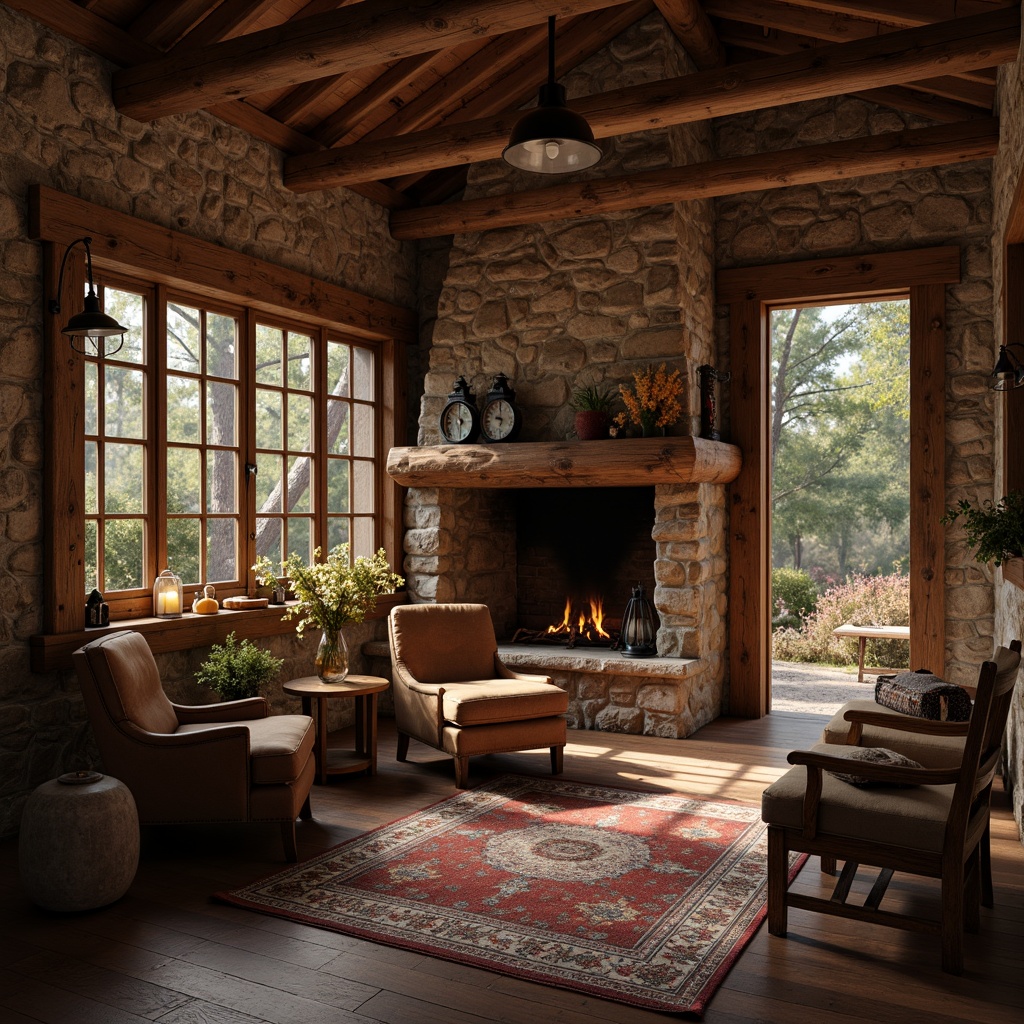 Prompt: Rustic wooden cabin, earthy tones, natural stone walls, vintage metal lanterns, distressed wooden doors, worn leather armchairs, antique furniture pieces, floral patterned rugs, soft warm candlelight, cozy fireplace, crackling sounds, autumnal forest surroundings, misty morning atmosphere, shallow depth of field, 1/1 composition, warm color palette, organic textures, subtle ambient occlusion.