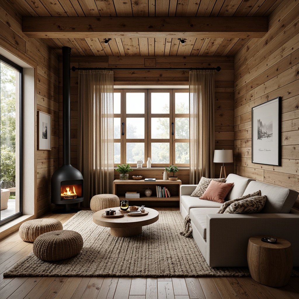 Prompt: Cozy Scandinavian living room, natural wood accents, woven wicker furniture, plush throw blankets, soft velvety sofas, chunky knit rugs, earthy tone color palette, minimalist decor, industrial metal lighting, reclaimed wooden walls, organic stone textures, rustic wooden floors, warm candlelight, shallow depth of field, 1/1 composition, realistic rendering, ambient occlusion.