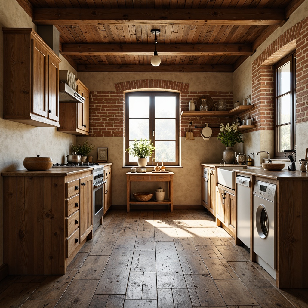 Prompt: Rustic kitchen, distressed wood flooring, reclaimed wooden planks, earthy tones, natural textures, warm beige colors, traditional country style, wooden beams, exposed brick walls, vintage cooking utensils, farmhouse sink, classic cabinets, soft warm lighting, 1/1 composition, shallow depth of field, realistic wood grain textures.